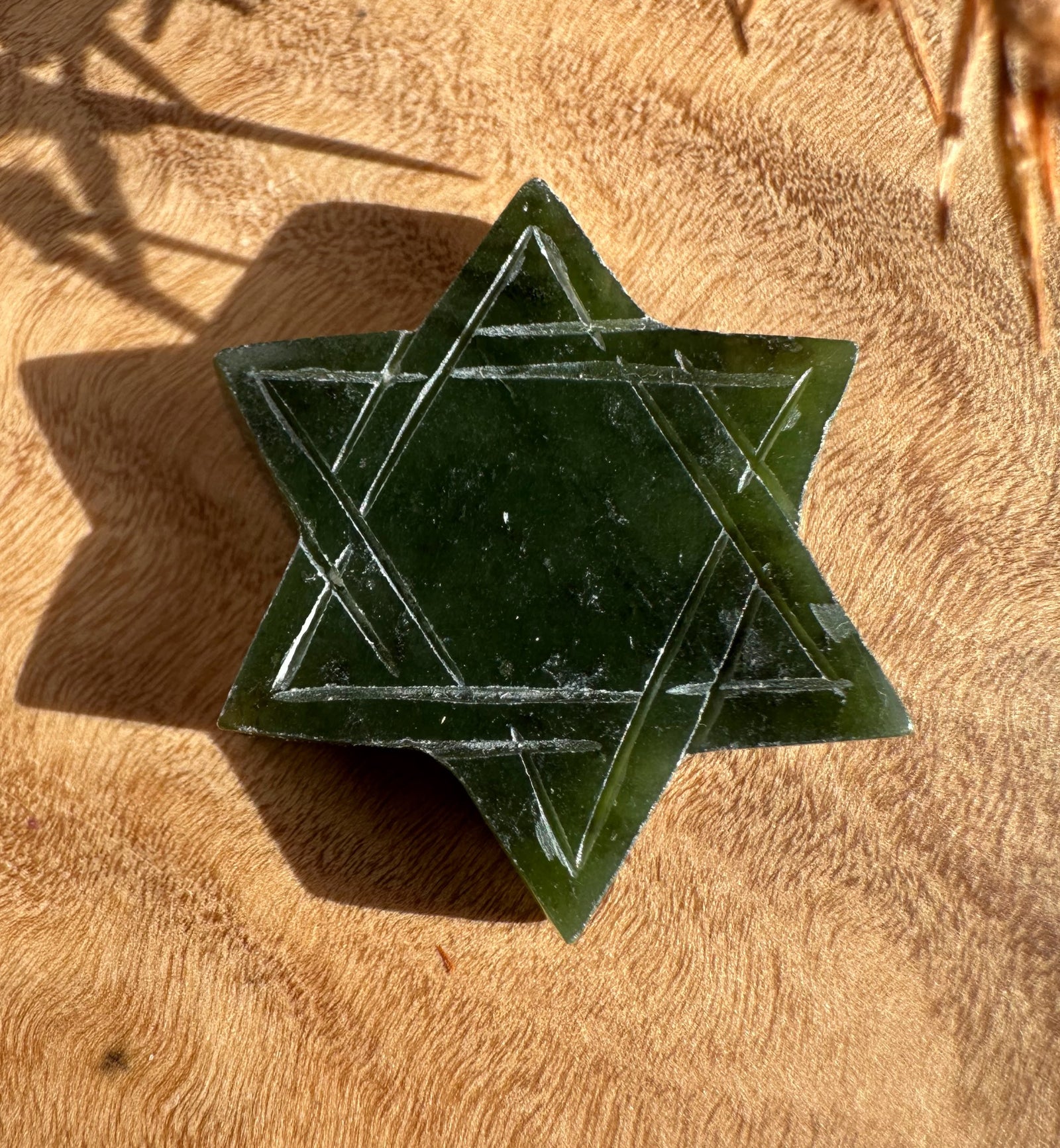 Dark green jade Star of David pendant 21mm with etched geometric lines