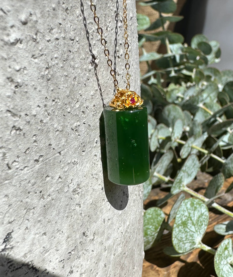 A+ Canadian Jade Cylinder Necklace - Gold Plated