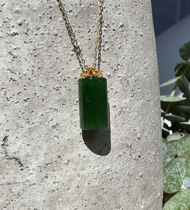 A+ Canadian Jade Cylinder Necklace - Gold Plated