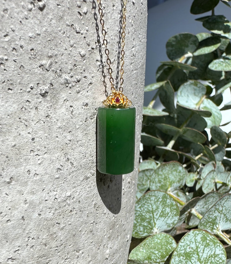 A+ Canadian Jade Cylinder Necklace - Gold Plated