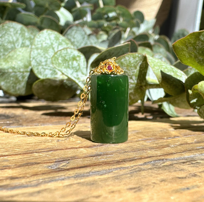 A+ Canadian Jade Cylinder Necklace - Gold Plated