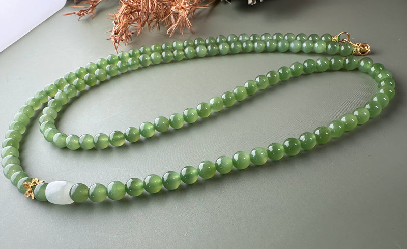 A+ Siberian Nephrite Jade Bead Necklace with 18k Setting
