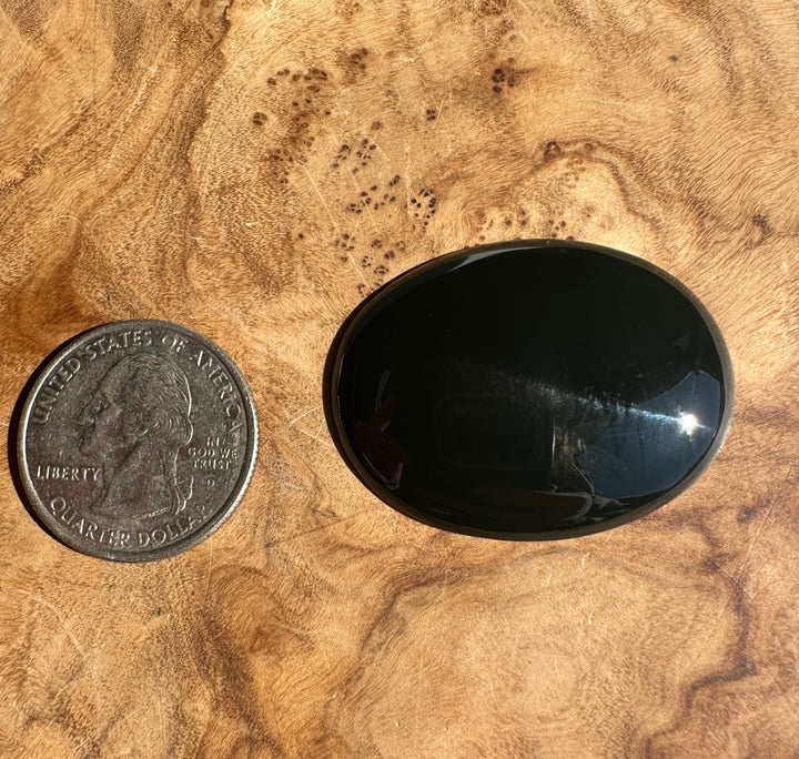 A polished black oval cabochon gemstone shown next to a US quarter for scale, placed on a textured burl wood surface.