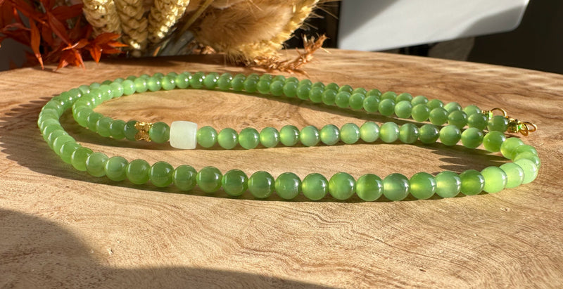 A+ Siberian Nephrite Jade Bead Necklace with 18k Setting