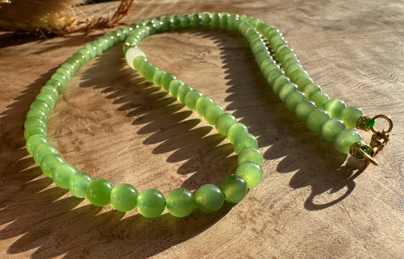 A+ Siberian Nephrite Jade Bead Necklace with 18k Setting