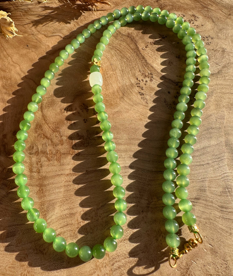A+ Siberian Nephrite Jade Bead Necklace with 18k Setting