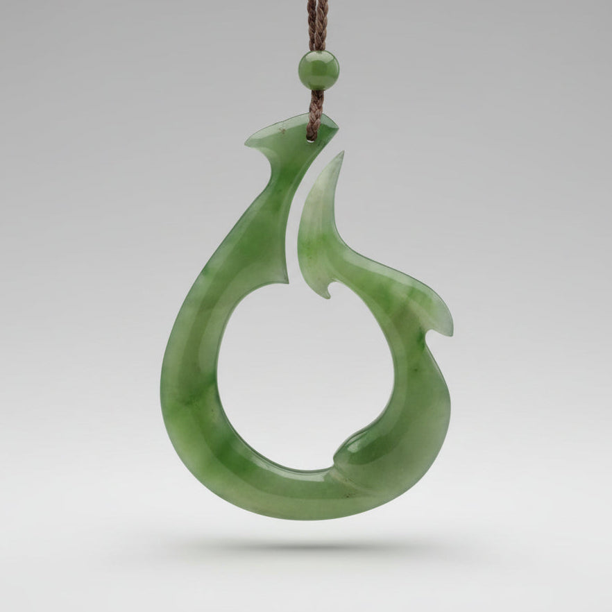 A carved green jade pendant shaped like a fish, hanging from a dark cord with a green bead, set against a window frame and outdoor background.