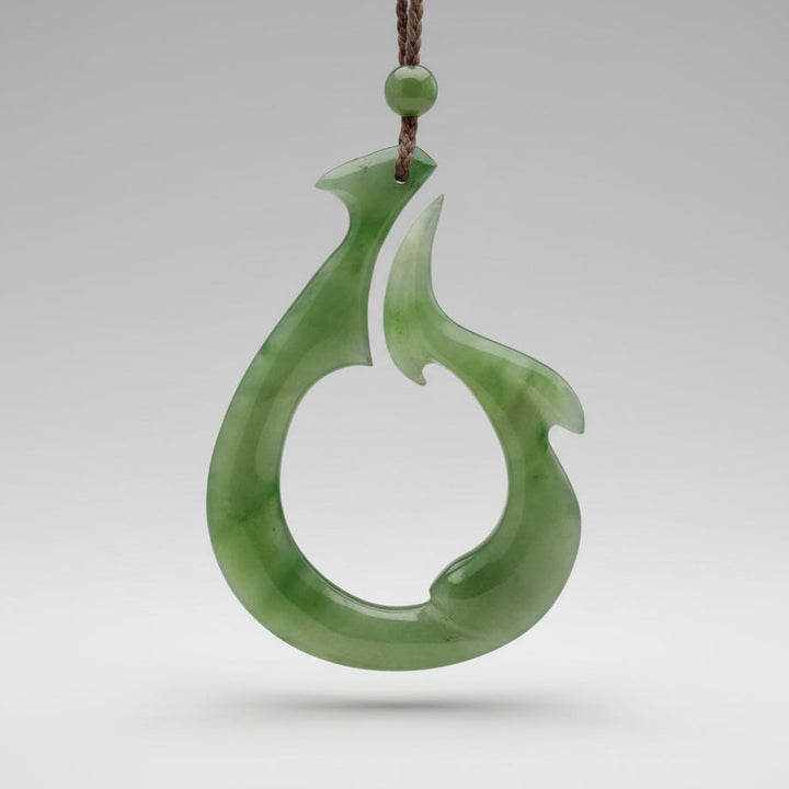 A carved green jade pendant shaped like a fish, hanging from a dark cord with a green bead, set against a window frame and outdoor background.