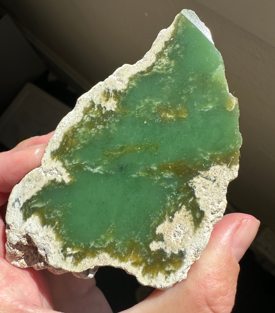 A hand holding a raw green jade with a rough, textured off-white matrix.