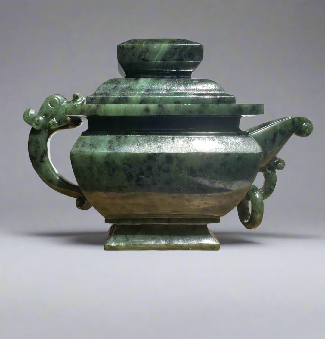 Canadian River Jade Teapot 6.75 inches with square lid and sculpted dragon handle in marbled jade.