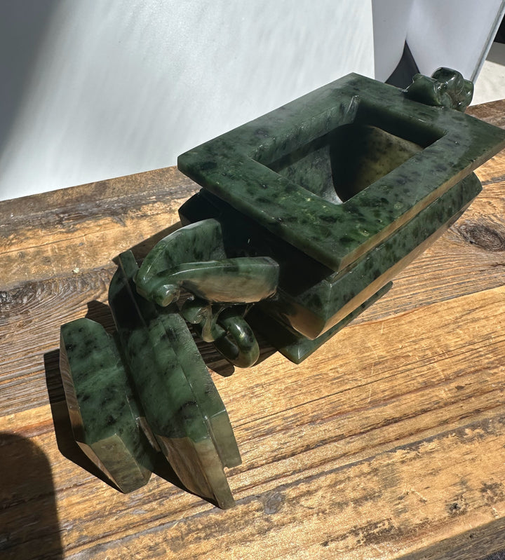 Canadian River Jade Teapot top angle with square opening and carved dragon decoration