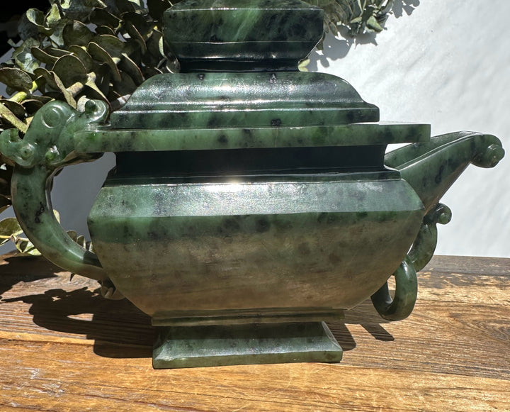 Canadian River Jade Teapot side view with dragon shaped handle and detached lid