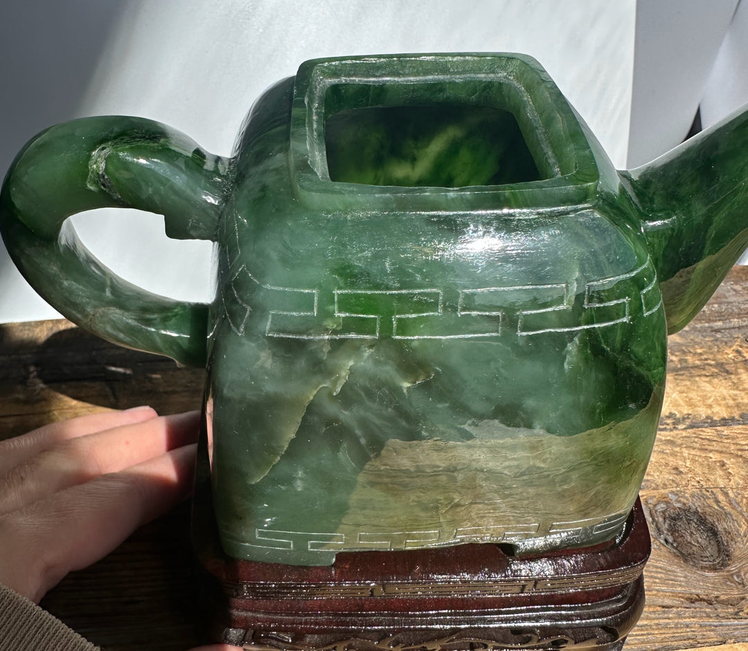 Front view of Polar Jade Teapot 7 inch with square handle and etched geometric band on green jade