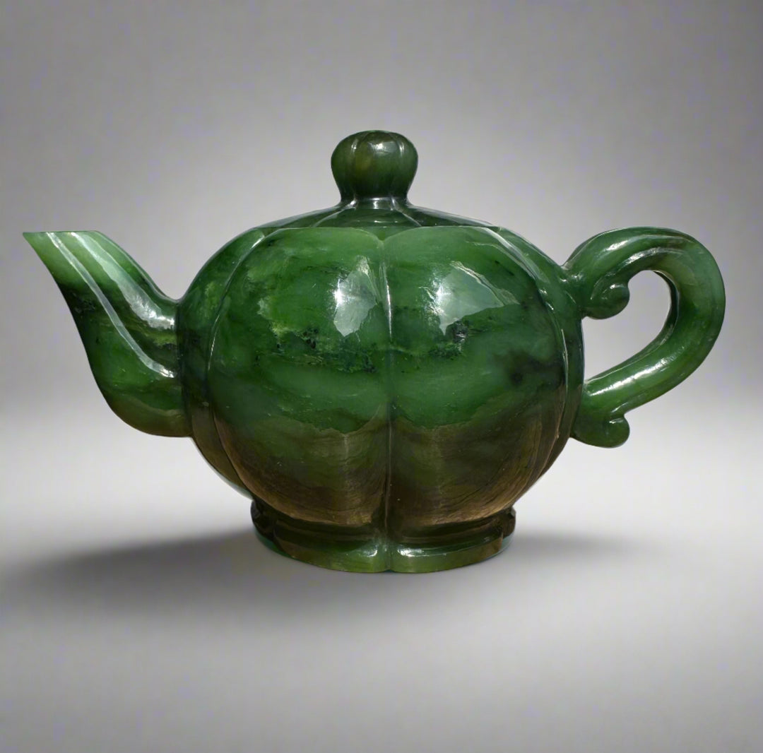 Polar Jade Teapot 6 inch with a glossy green jade finish, bulbous body, curved spout on the left, and rounded handle on the right, lid with knob.