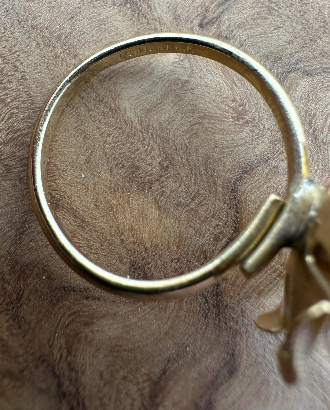 Interior view of vintage green jade ring with 12K GF stamp on the band