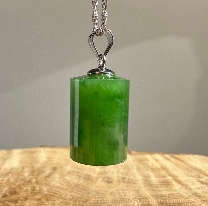 A+ Canadian Jade Faceted Pendant 18mm with a silver heart shaped bail and chain.