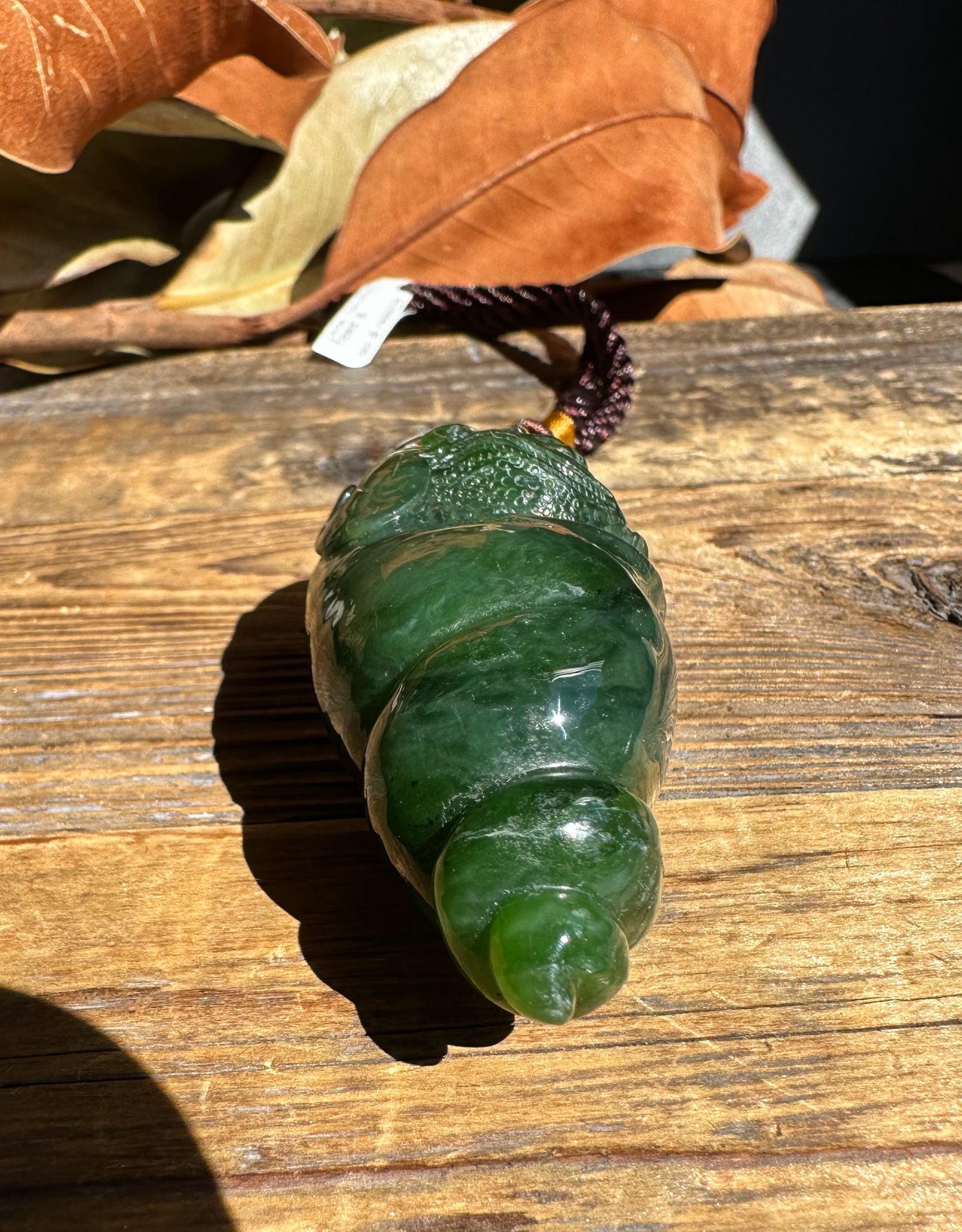 Toad in shell pendant carved from green stone with a dark braided cord resting on a wooden surface