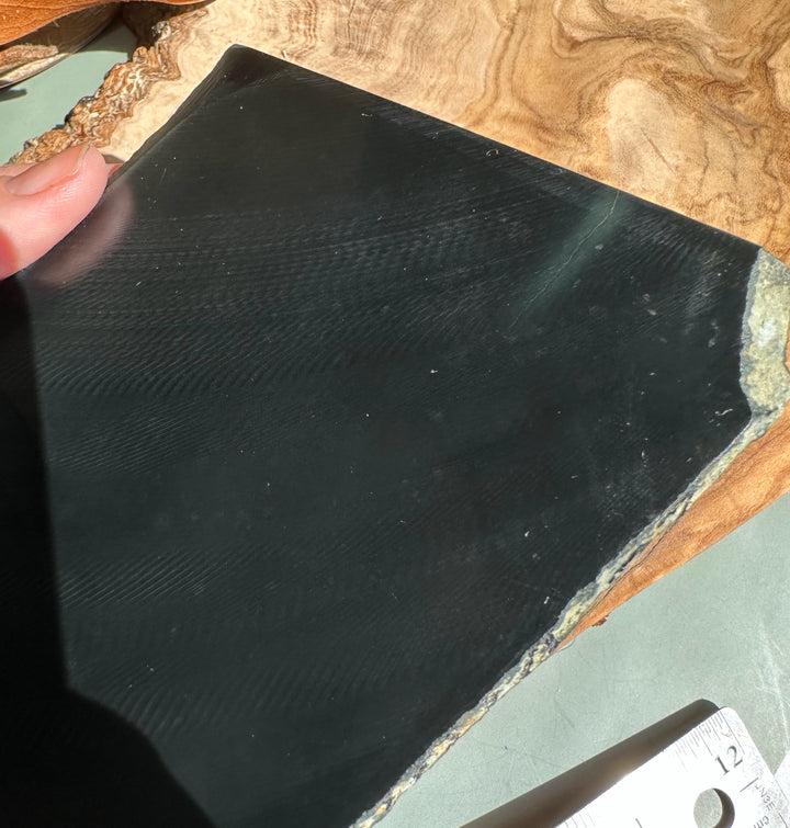 Holding a Wyoming Black Jade slab 210 grams with a smooth dark surface and a rough natural edge for scale.
