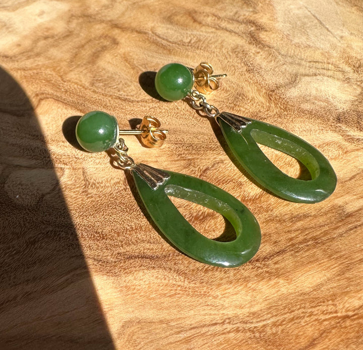 Vintage Jade Drop Earrings 301 with green round studs and large hollow jade teardrops