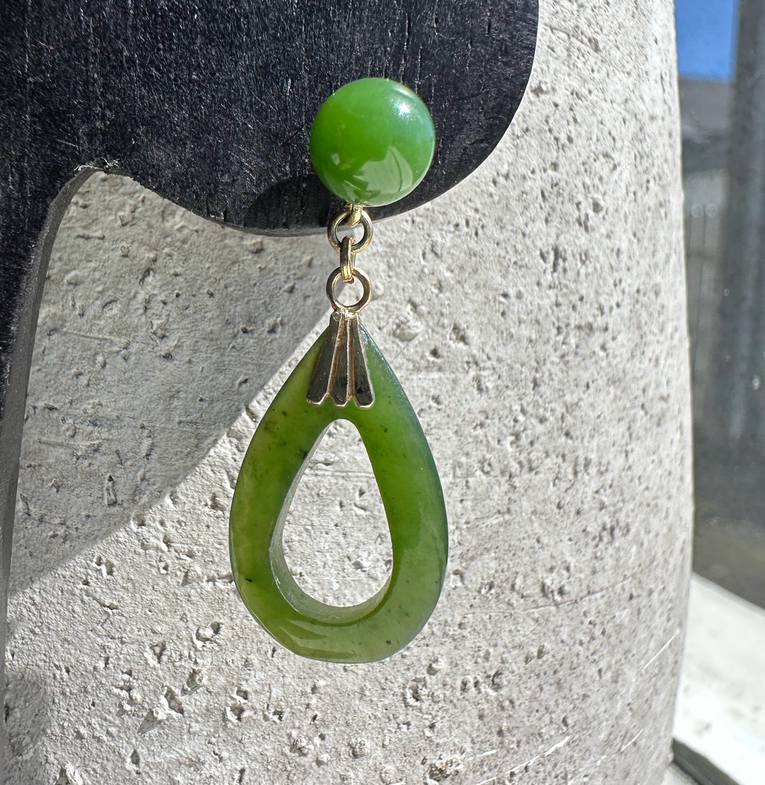 Green jade drop earring with round top bead and hollow teardrop pendant