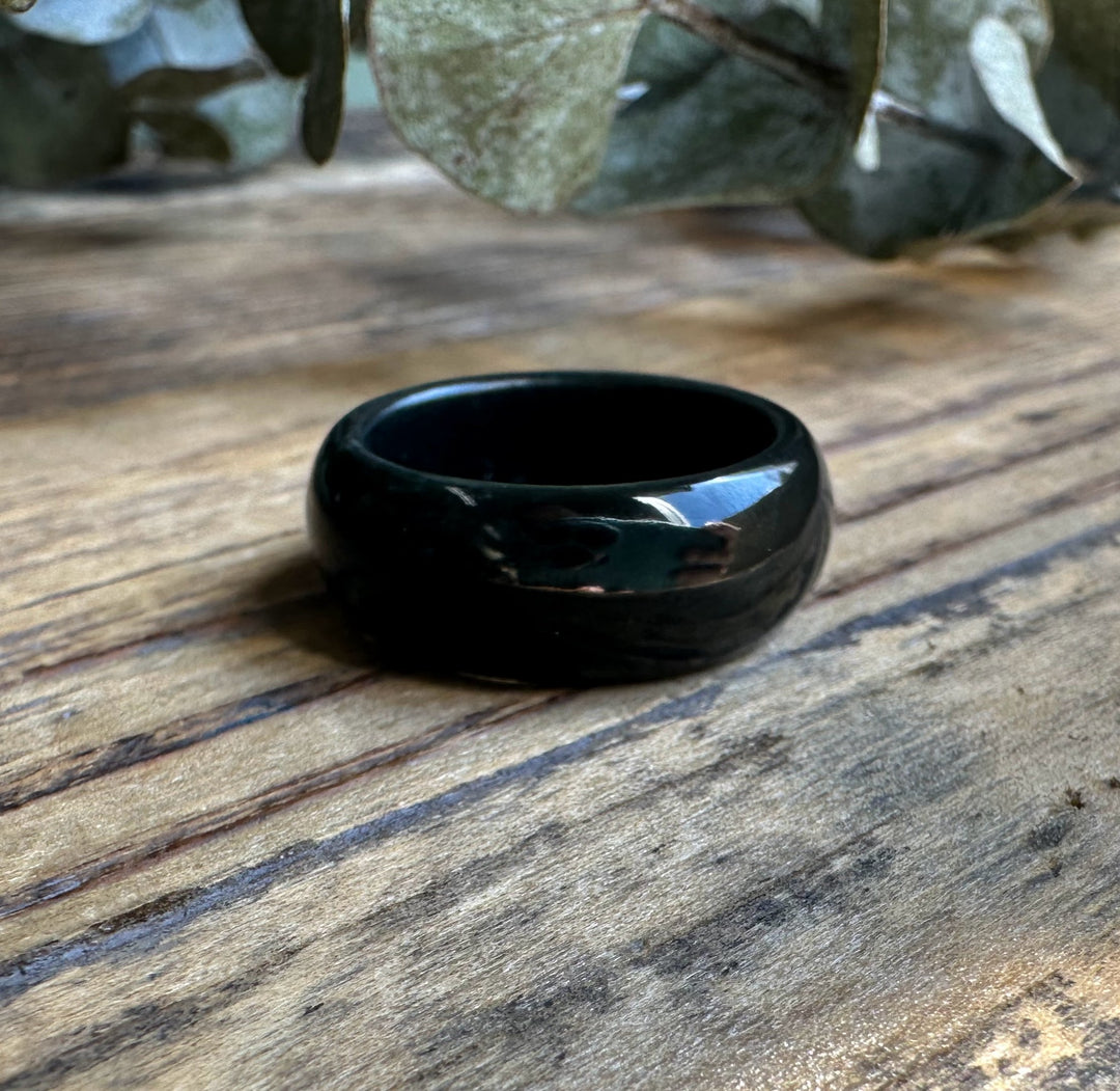 Dark green nephrite jade wide band ring with a glossy finish in sizes 7 and 8