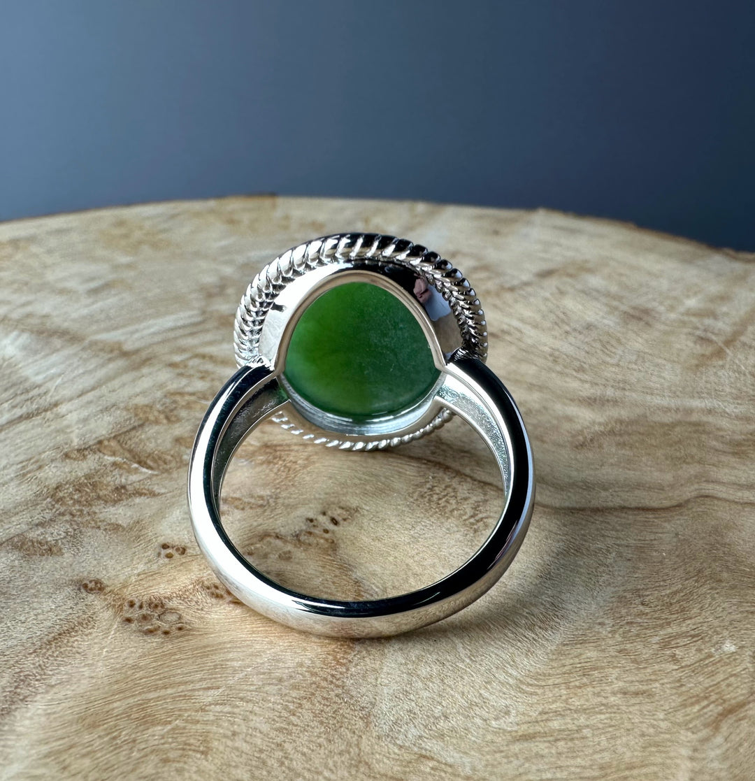 Back view of Canadian Jade Silver Ring with green jade and thick silver band from behind