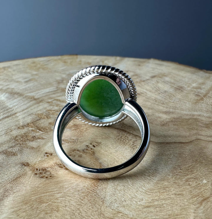 Back view of Canadian Jade Silver Ring with green jade and thick silver band from behind