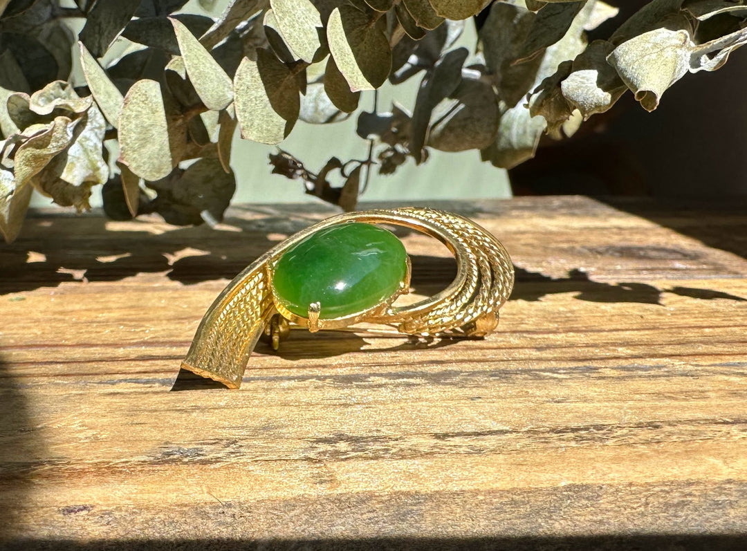Broche Ancienne En Argent Filigrané Avec Cabochon De Jade - Style Chinois - Bon état