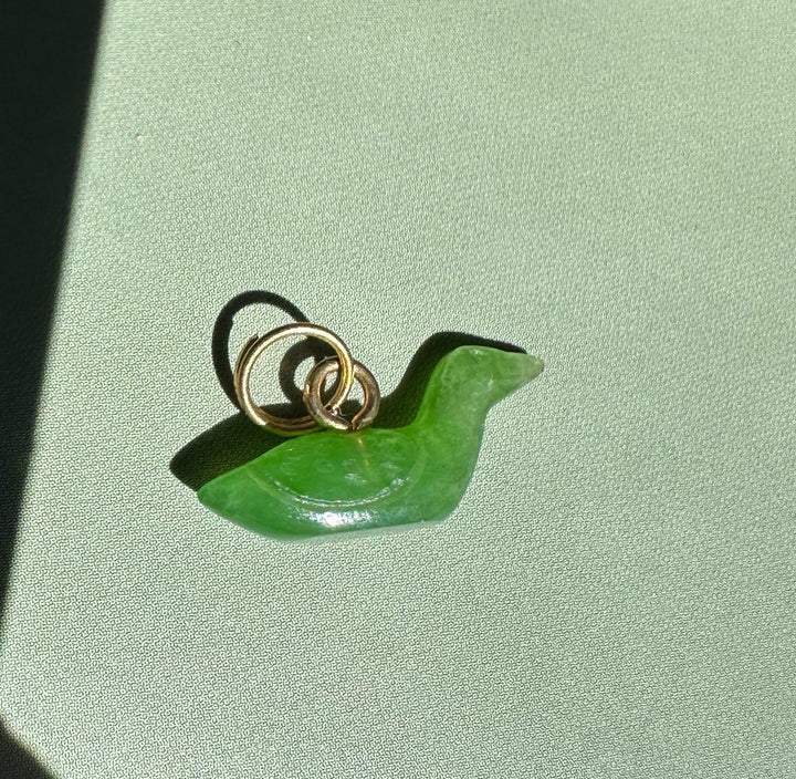 Siberian Jade Duck Charm 17mm bright green with gold ring bail