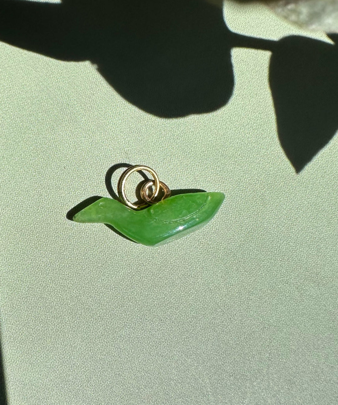 Green Siberian Jade duck charm with attached metal loops for pendant