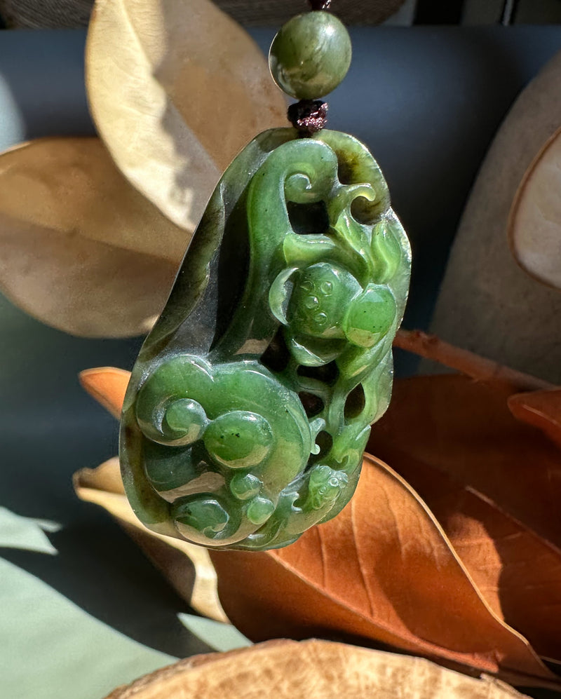 Unique Canadian Jade Lotus and Bat Pendant - 52mm*