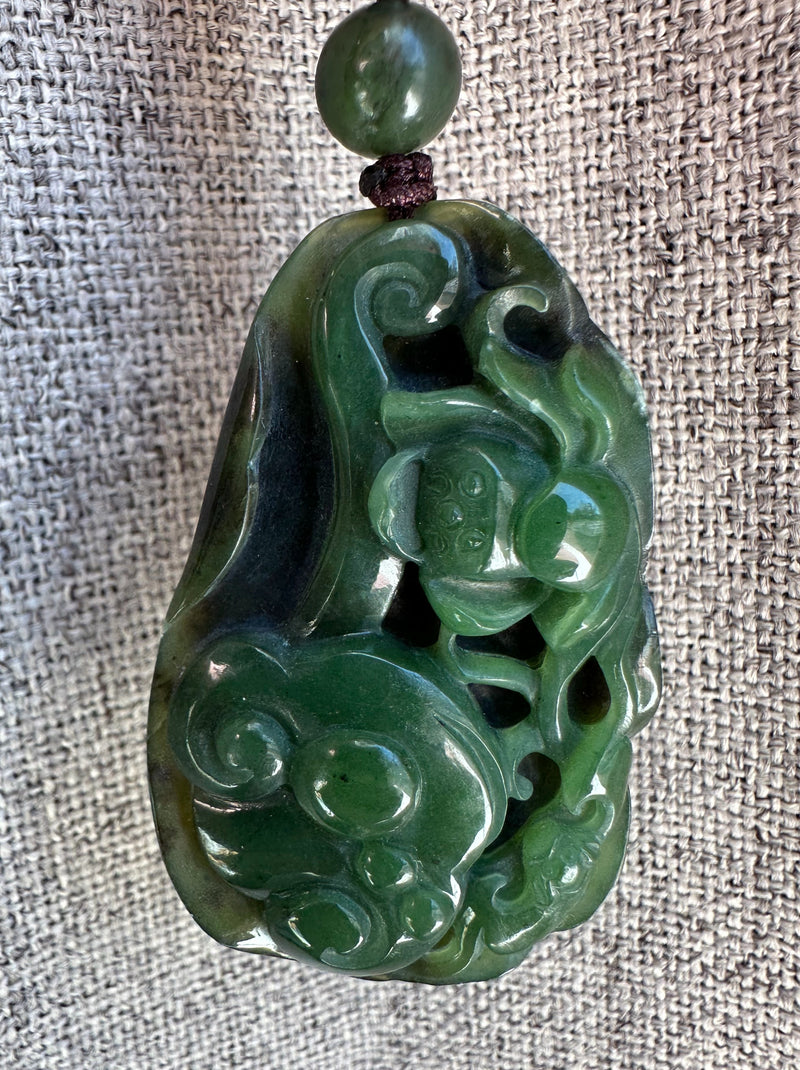 Unique Canadian Jade Lotus and Bat Pendant - 52mm*
