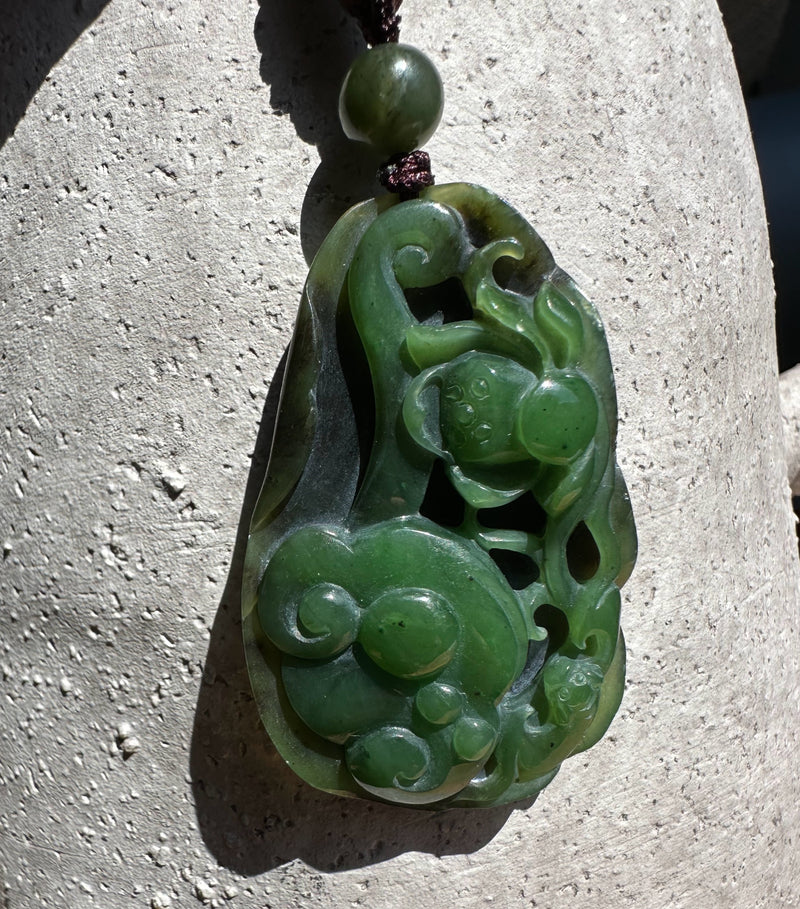 Unique Canadian Jade Lotus and Bat Pendant - 52mm*