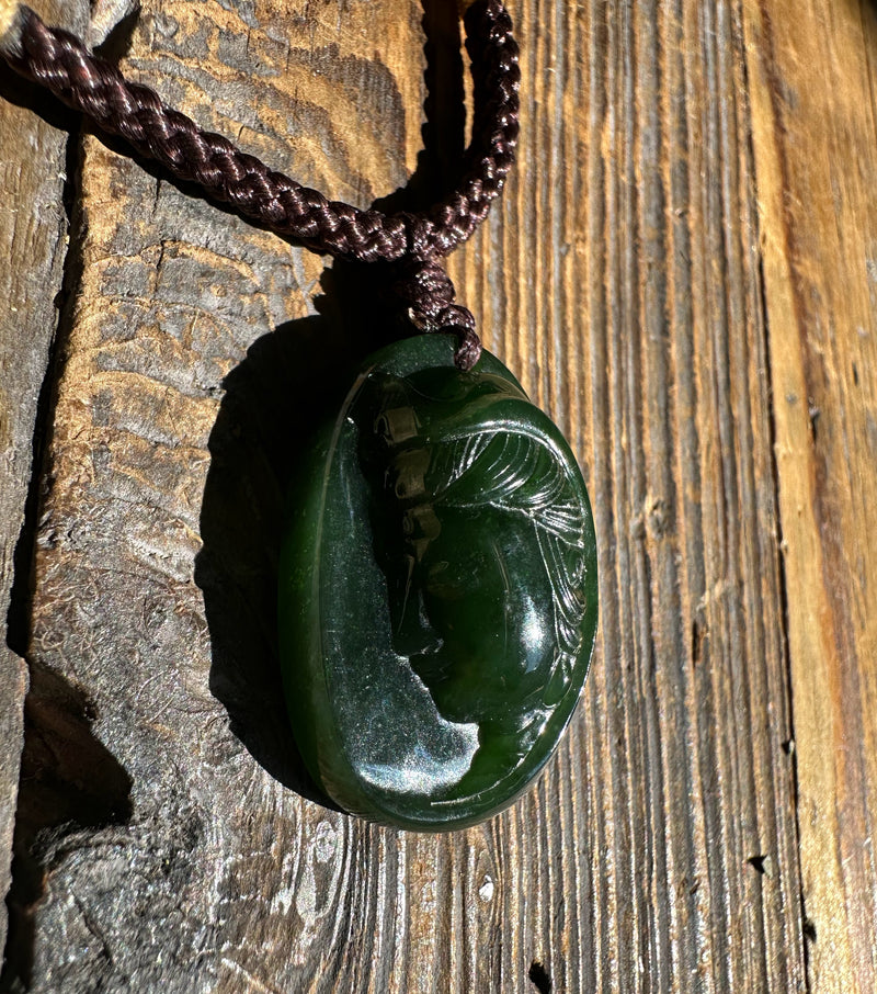 Rich Green Canadian Jade Guan Yin Head Pendant