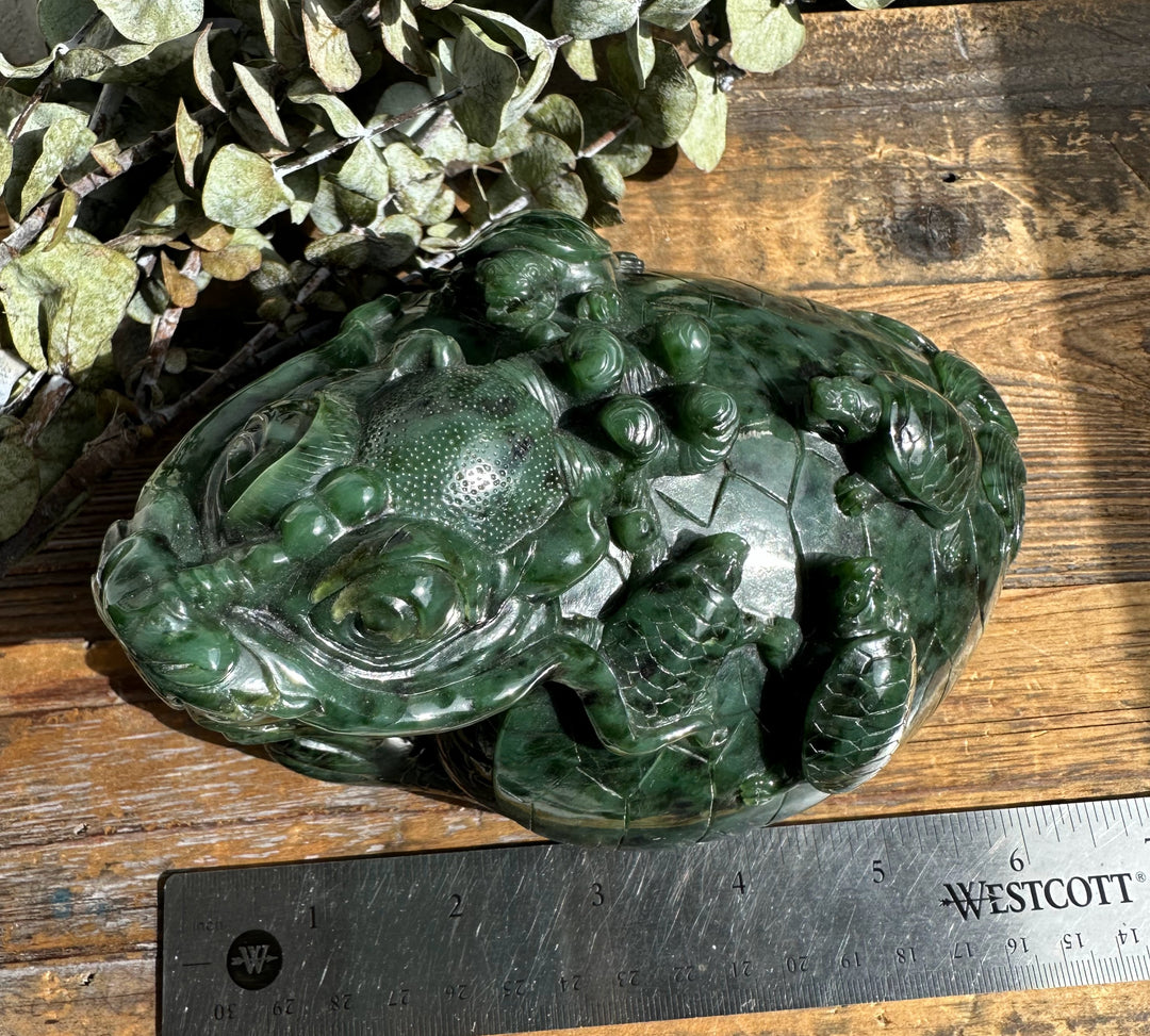 Dark green jade dragon turtle carving about 6 inches long rests on a wooden surface.