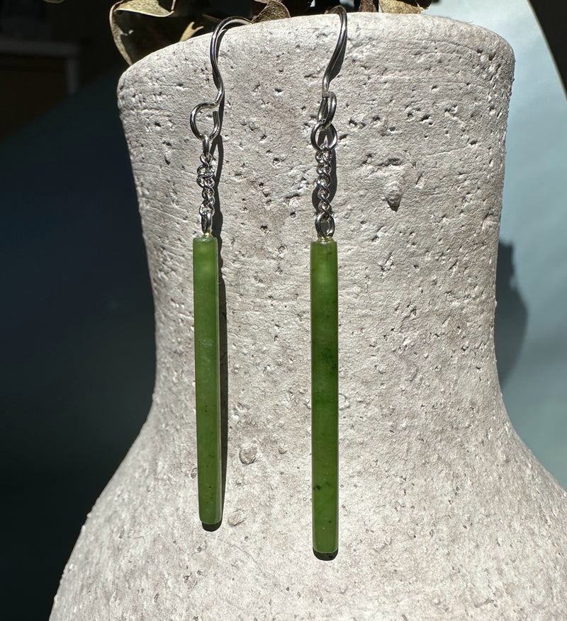 Long Drop Thin Jade Earrings - 36mm