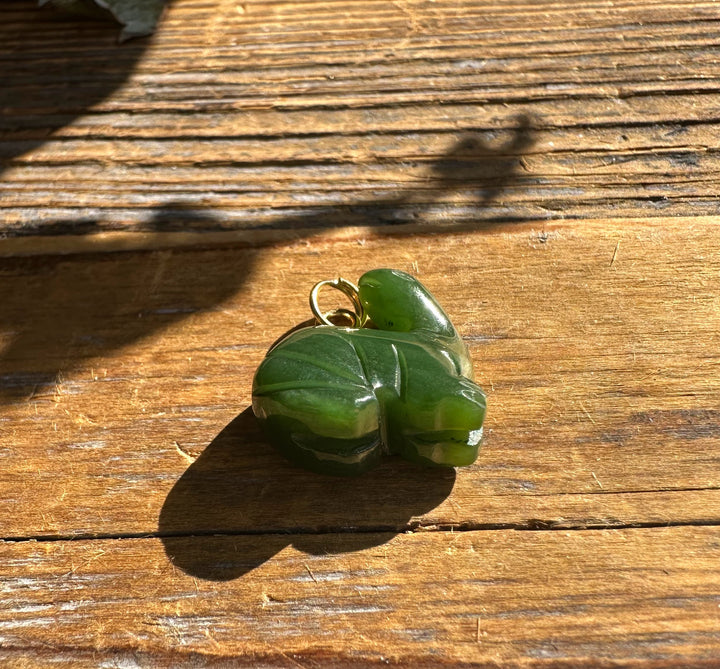 Green jade dinosaur pendant with gold bail on sunlit wood.