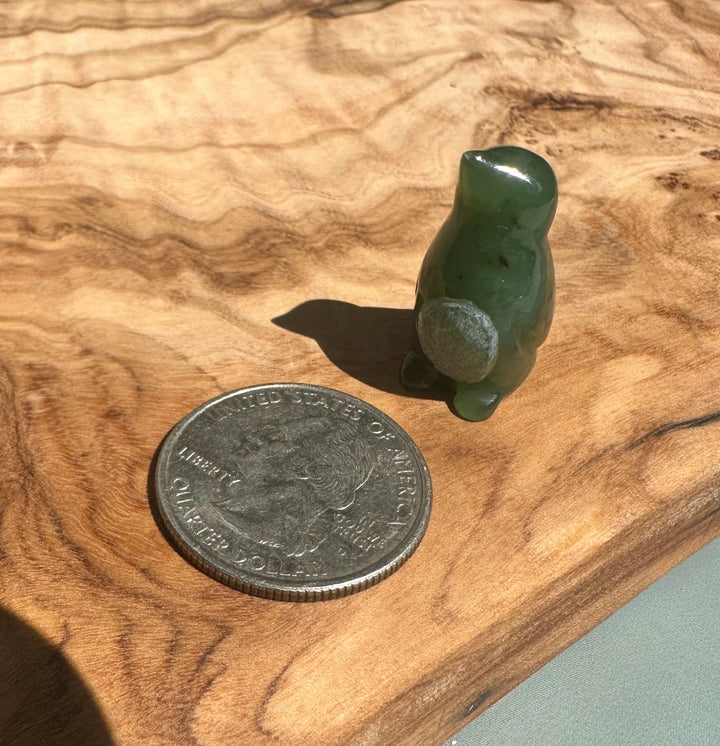 Canadian jade penguin figurine in green nephrite with a pale belly beside a quarter for scale on a wood surface