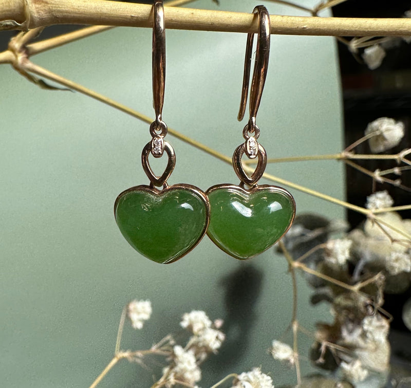 18k AA Heart Jade Earrings