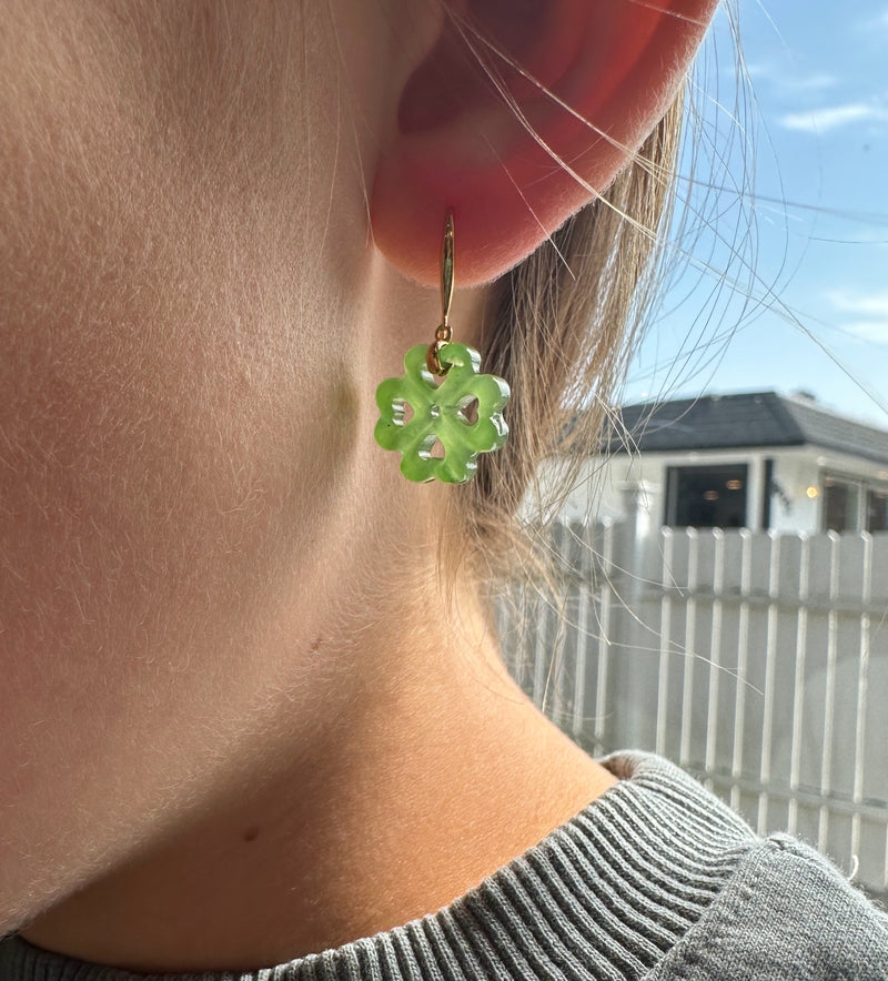 Jade Clover Earrings, Set on 18k hooks