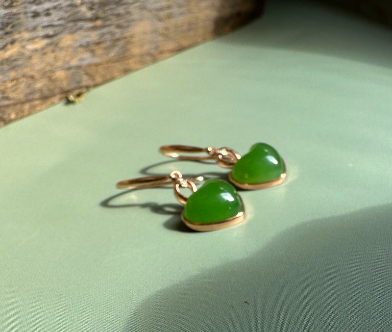 18k AA Heart Jade Earrings