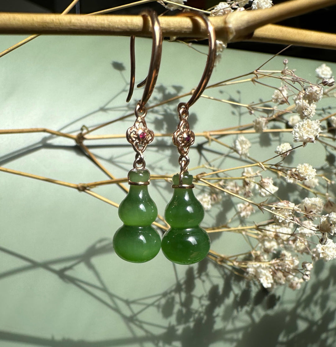 Green jade gourd drop earrings with rose gold filigree connectors and pink stones