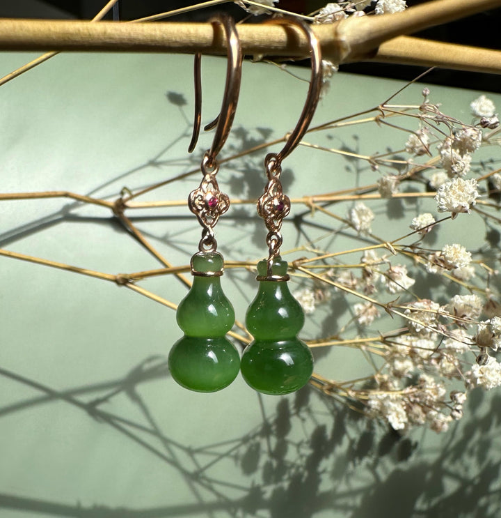 Green jade gourd drop earrings with rose gold filigree connectors and pink stones