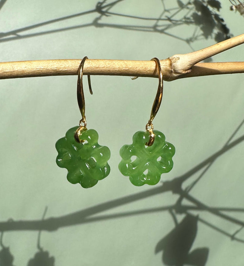 Jade Clover Earrings, Set on 18k hooks