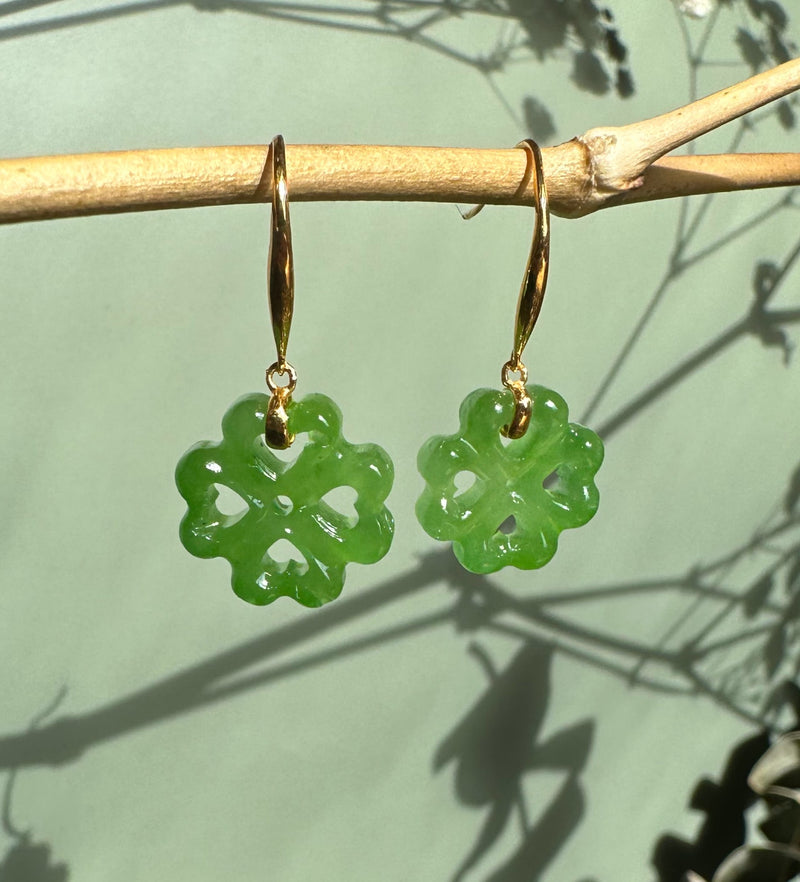 Jade Clover Earrings, Set on 18k hooks