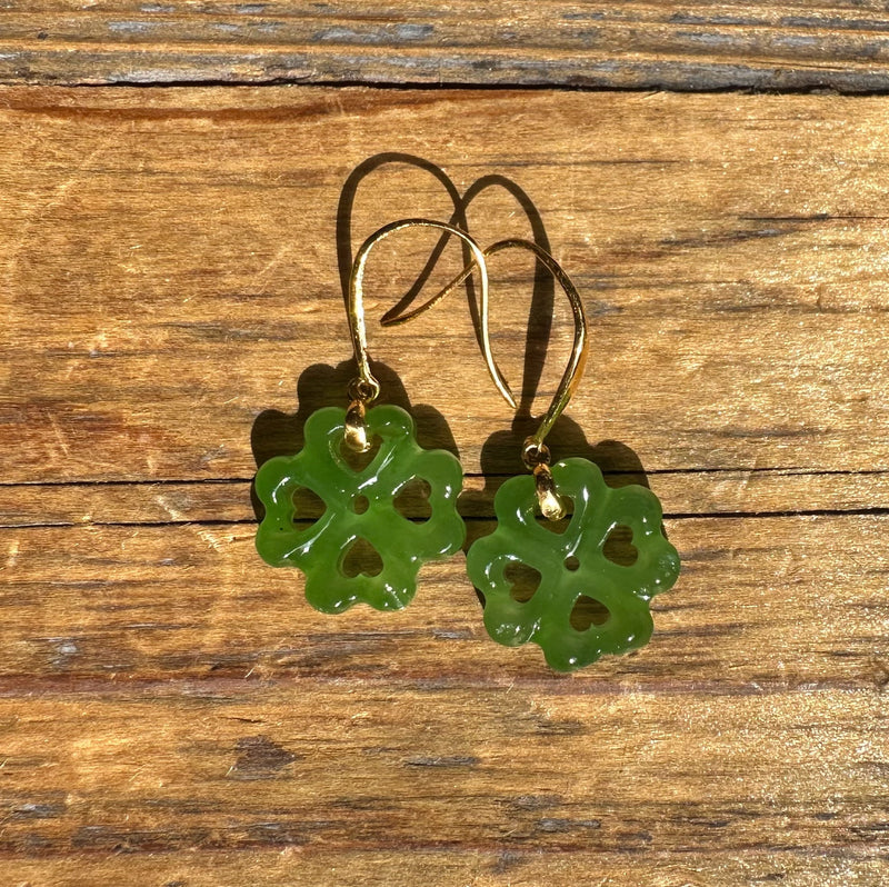 Jade Clover Earrings, Set on 18k hooks