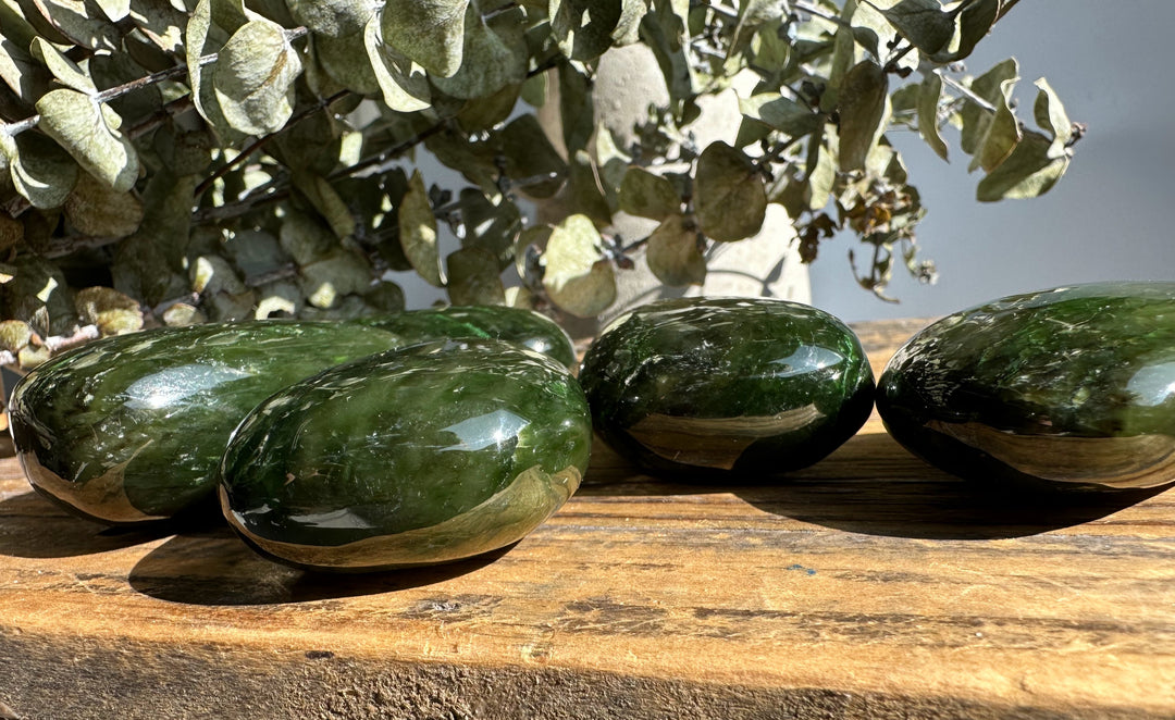 Five dark green jade polished specimens on a weathered wooden table beside a dried leafy plant