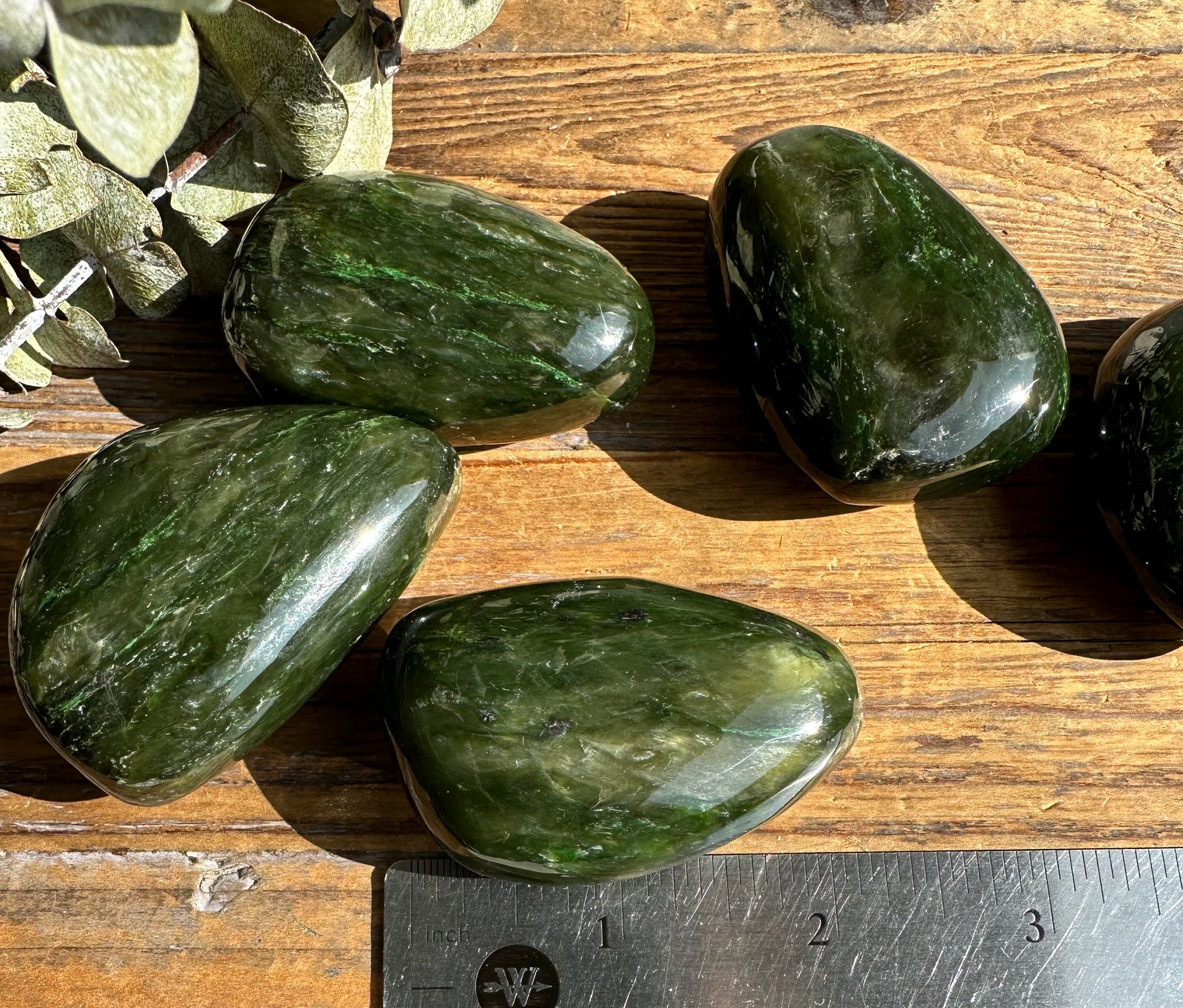Five sunlit green jade polished specimens on a wooden surface with a ruler for scale