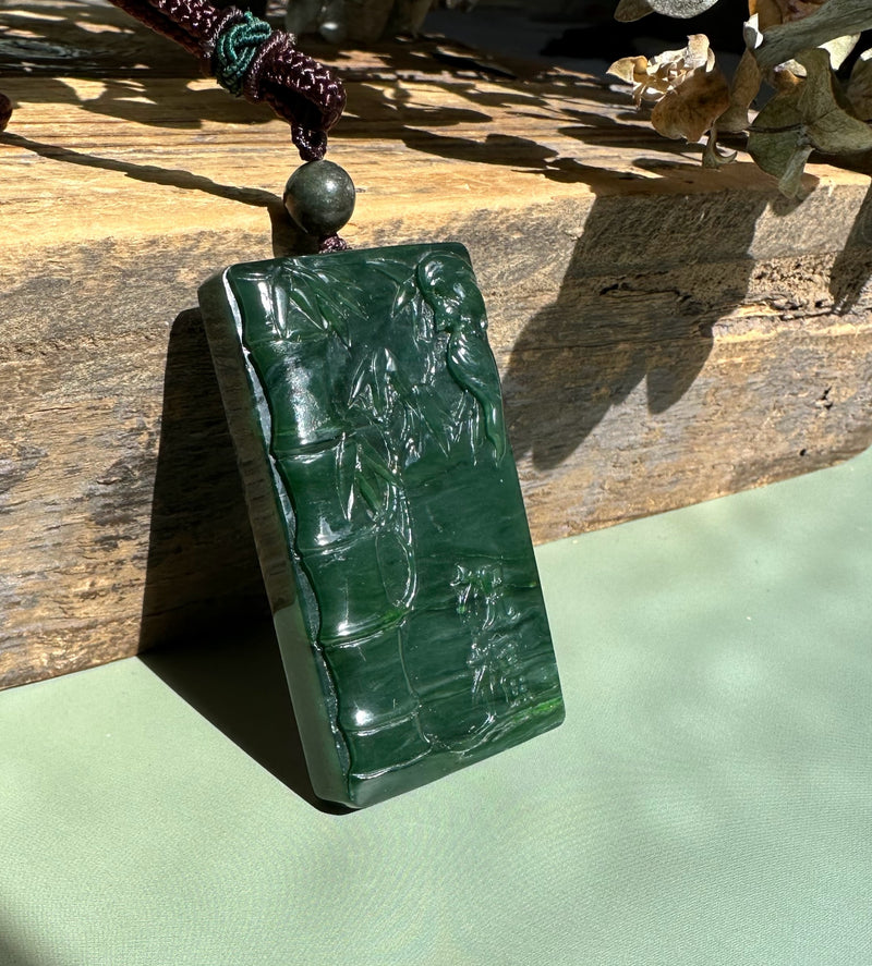 Jade Bamboo and Bat Pendant, 60mm*