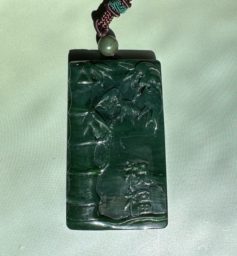 Jade Bamboo and Bat Pendant, 60mm*